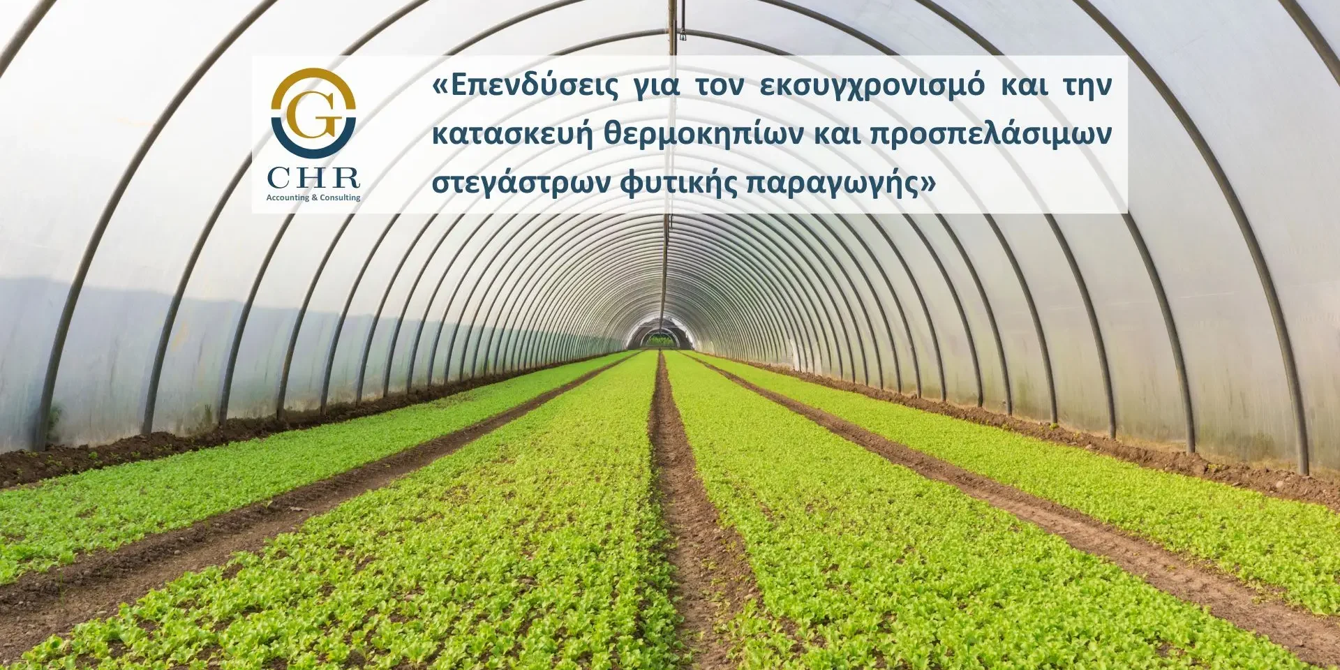 Θερμοκήπια Σύγχρονο θερμοκήπιο με πράσινη καλλιέργεια, λογότυπο GCHR, επενδύσεις εκσυγχρονισμού και κατασκευής θερμοκηπίων.